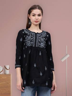 hand embroidered black cotton lucknowi chikankari a-line top 1