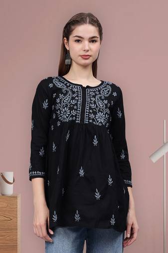 hand embroidered black cotton lucknowi chikankari a-line top