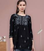 hand embroidered black cotton lucknowi chikankari a-line top