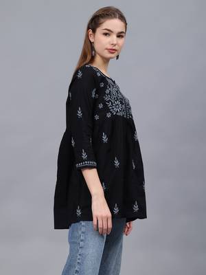 hand embroidered black cotton lucknowi chikankari a-line top 2