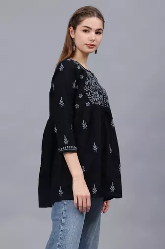 hand embroidered black cotton lucknowi chikankari a-line top
