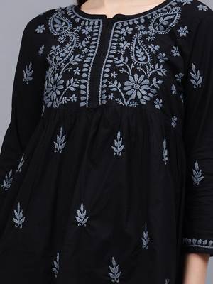hand embroidered black cotton lucknowi chikankari a-line top 3