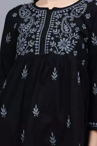 hand embroidered black cotton lucknowi chikankari a-line top
