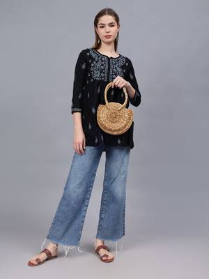 hand embroidered black cotton lucknowi chikankari a-line top 4