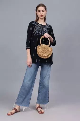 hand embroidered black cotton lucknowi chikankari a-line top