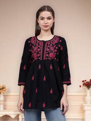 hand embroidered black cotton lucknowi chikankari a-line top 1