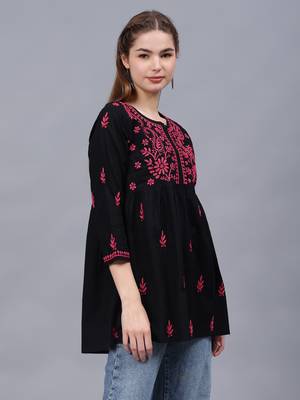 hand embroidered black cotton lucknowi chikankari a-line top 2