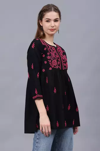 hand embroidered black cotton lucknowi chikankari a-line top