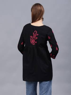 hand embroidered black cotton lucknowi chikankari a-line top 3