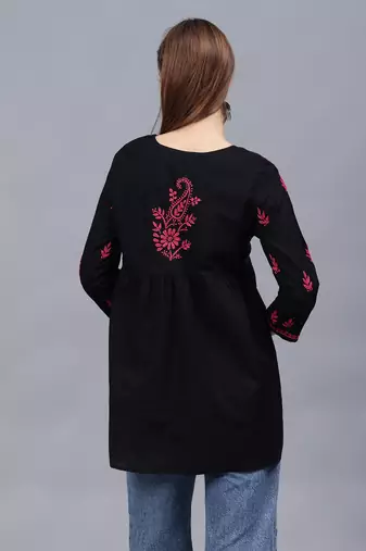 hand embroidered black cotton lucknowi chikankari a-line top