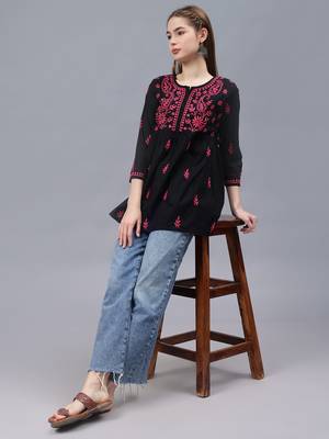 hand embroidered black cotton lucknowi chikankari a-line top 4