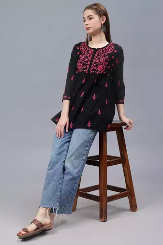 hand embroidered black cotton lucknowi chikankari a-line top