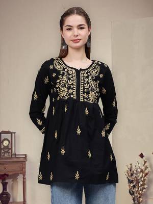 hand embroidered black cotton lucknowi chikankari a-line top 1