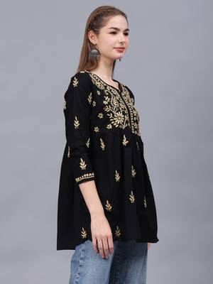hand embroidered black cotton lucknowi chikankari a-line top 2