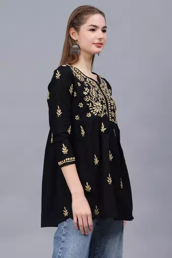 hand embroidered black cotton lucknowi chikankari a-line top