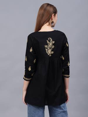 hand embroidered black cotton lucknowi chikankari a-line top 3