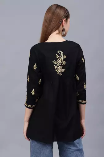 hand embroidered black cotton lucknowi chikankari a-line top