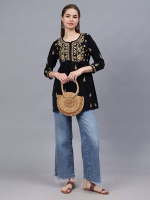 hand embroidered black cotton lucknowi chikankari a-line top 4