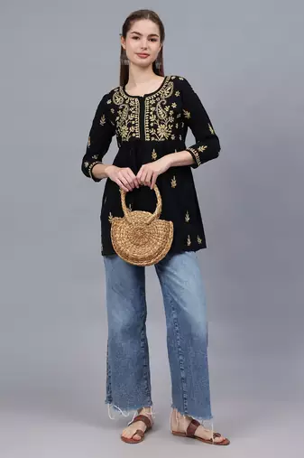 hand embroidered black cotton lucknowi chikankari a-line top