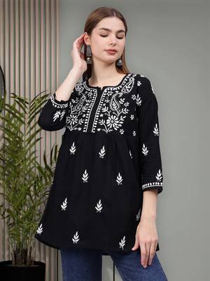 hand embroidered black cotton lucknowi chikankari a-line top 1