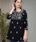 hand embroidered black cotton lucknowi chikankari a-line top