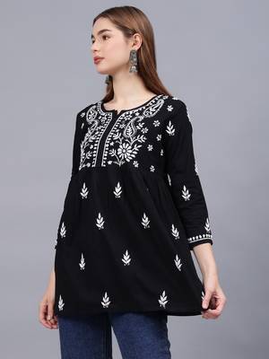 hand embroidered black cotton lucknowi chikankari a-line top 2