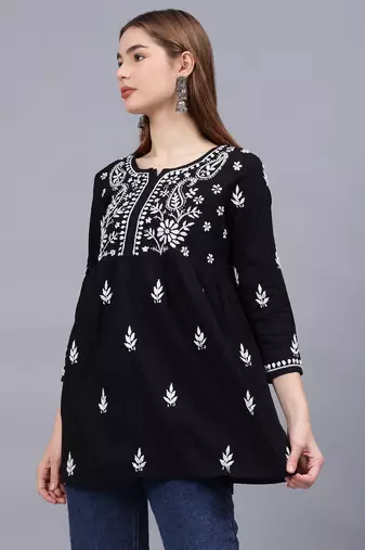 hand embroidered black cotton lucknowi chikankari a-line top