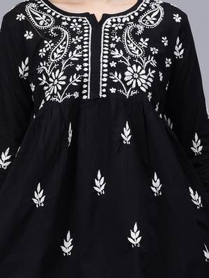 hand embroidered black cotton lucknowi chikankari a-line top 3