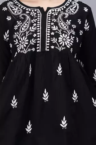 hand embroidered black cotton lucknowi chikankari a-line top