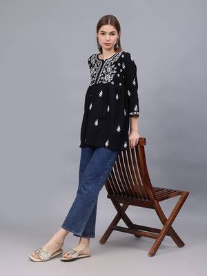 hand embroidered black cotton lucknowi chikankari a-line top 4