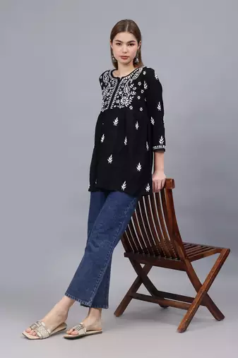hand embroidered black cotton lucknowi chikankari a-line top