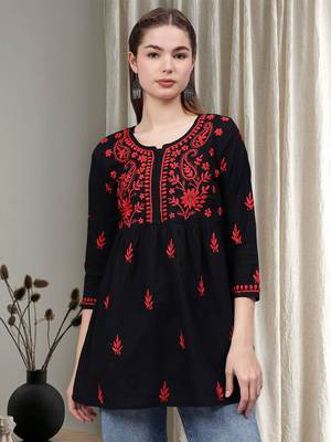 hand embroidered black cotton lucknowi chikankari a-line top 1