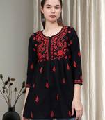 hand embroidered black cotton lucknowi chikankari a-line top