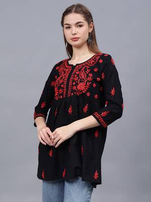 hand embroidered black cotton lucknowi chikankari a-line top 2