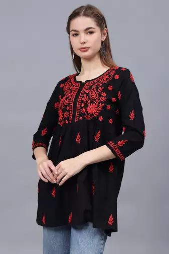 hand embroidered black cotton lucknowi chikankari a-line top