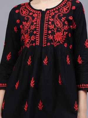 hand embroidered black cotton lucknowi chikankari a-line top 3