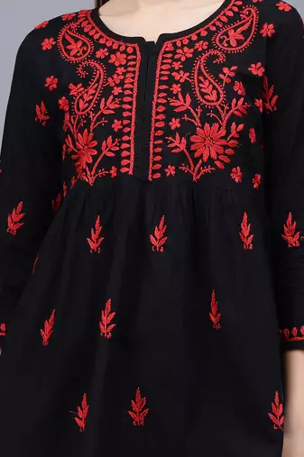hand embroidered black cotton lucknowi chikankari a-line top