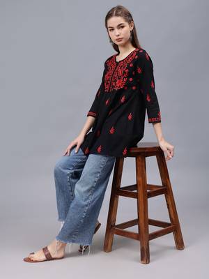 hand embroidered black cotton lucknowi chikankari a-line top 4