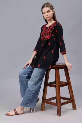 hand embroidered black cotton lucknowi chikankari a-line top