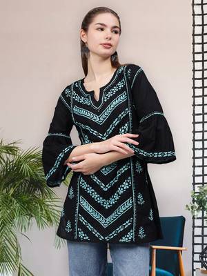 hand embroidered black cotton lucknowi chikankari top 1