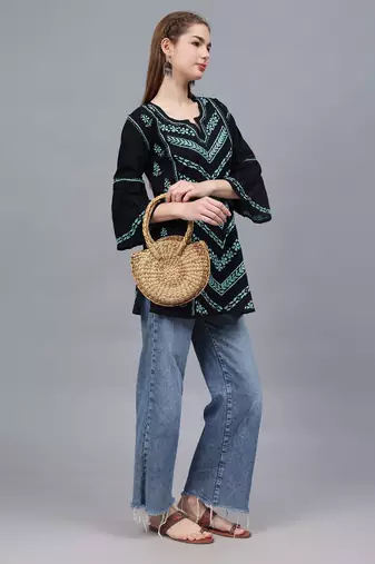 hand embroidered black cotton lucknowi chikankari top