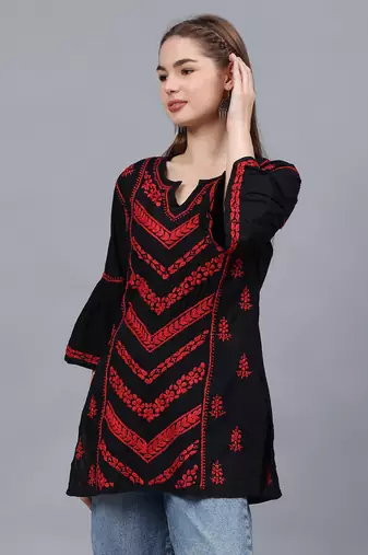 hand embroidered black cotton lucknowi chikankari top