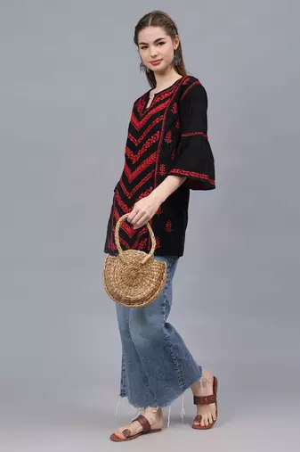 hand embroidered black cotton lucknowi chikankari top