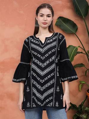hand embroidered black cotton lucknowi chikankari top 1