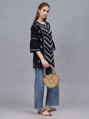 hand embroidered black cotton lucknowi chikankari top 4