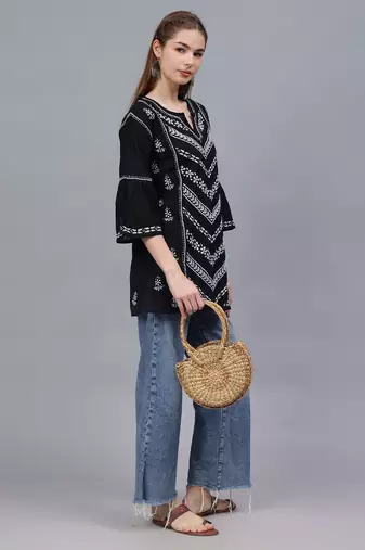 hand embroidered black cotton lucknowi chikankari top