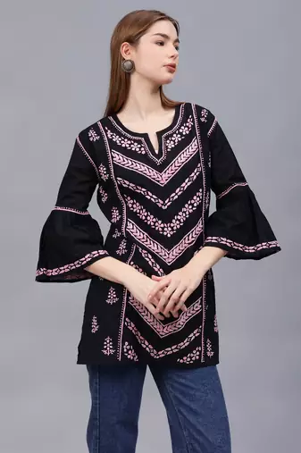 hand embroidered black cotton lucknowi chikankari top