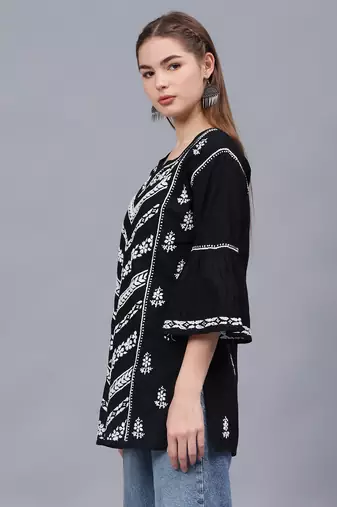 hand embroidered black cotton lucknowi chikankari top