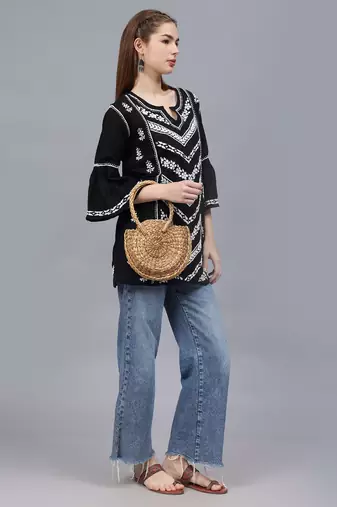 hand embroidered black cotton lucknowi chikankari top