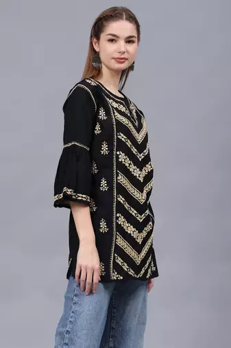 hand embroidered black cotton lucknowi chikankari top